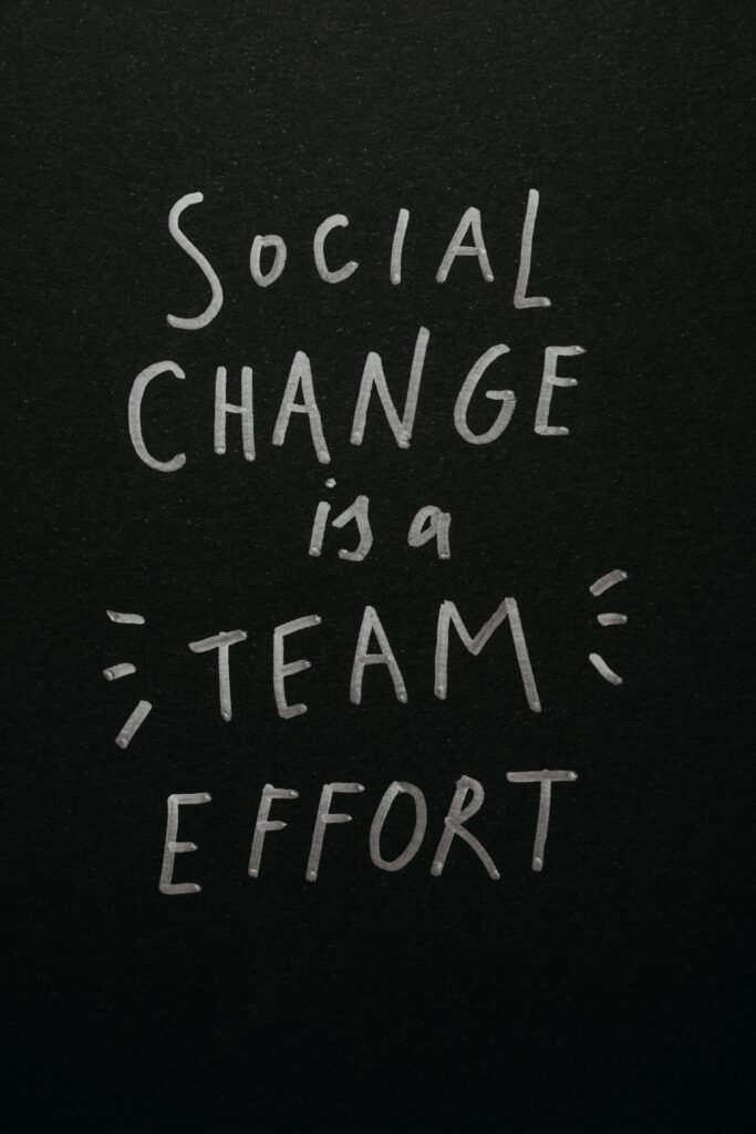 chalk on black board that says "social change is a team effort" meant in the context of web design for social change
